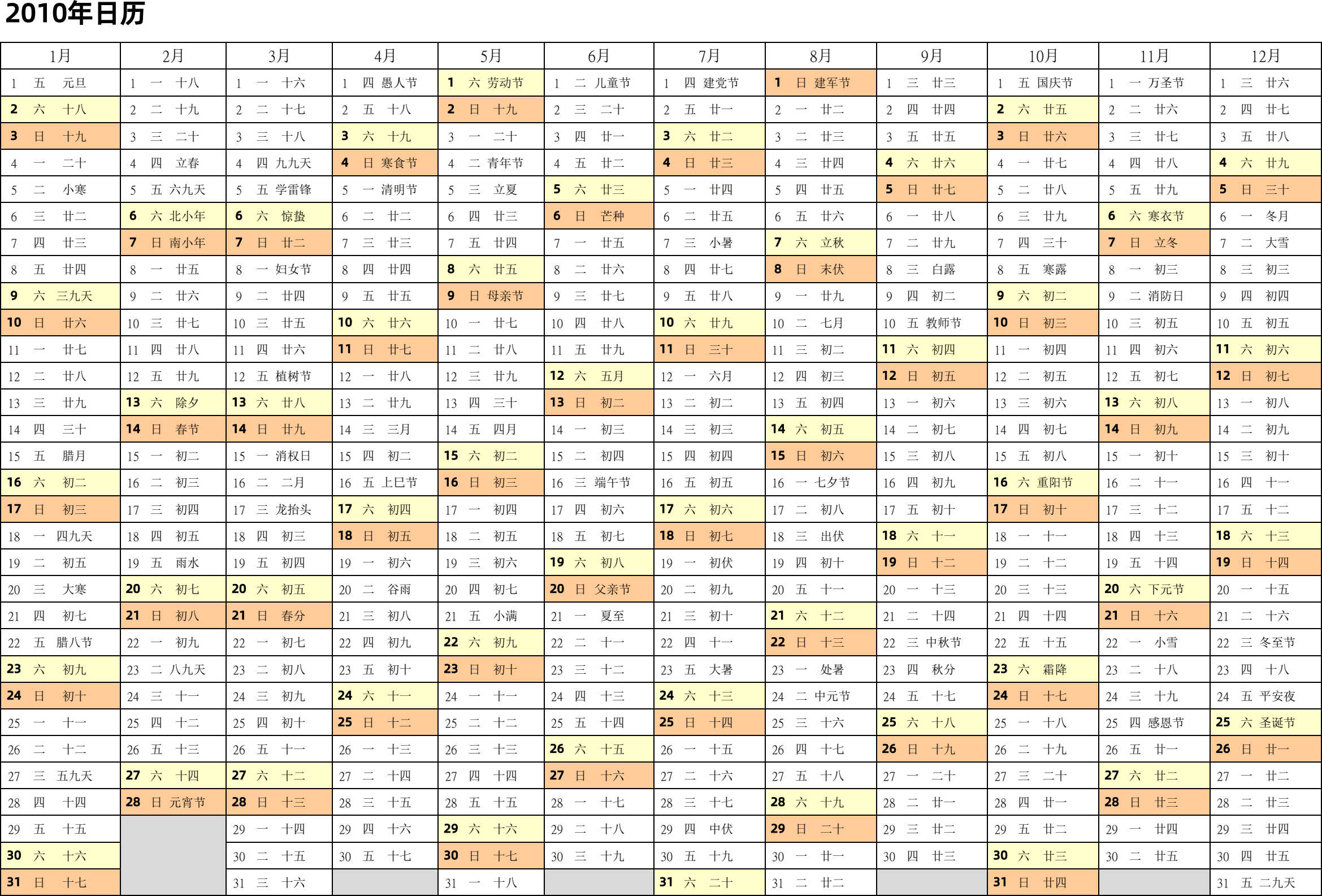 日历表2010年日历 中文版 带农历